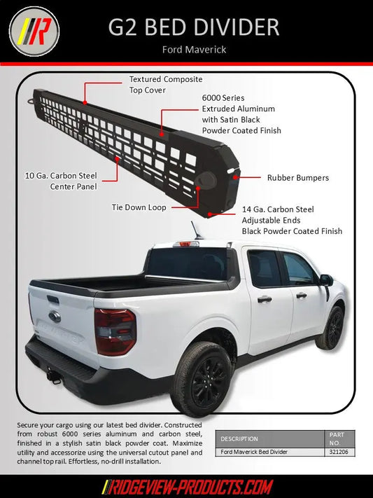 Ford Maverick G2 bed divider product diagram and photo on a white pickup truck, with labeled callouts for the textured composite top cover, extruded aluminum body, 10 Ga. carbon steel center panel, tie down loop, rubber bumpers, and adjustable ends.