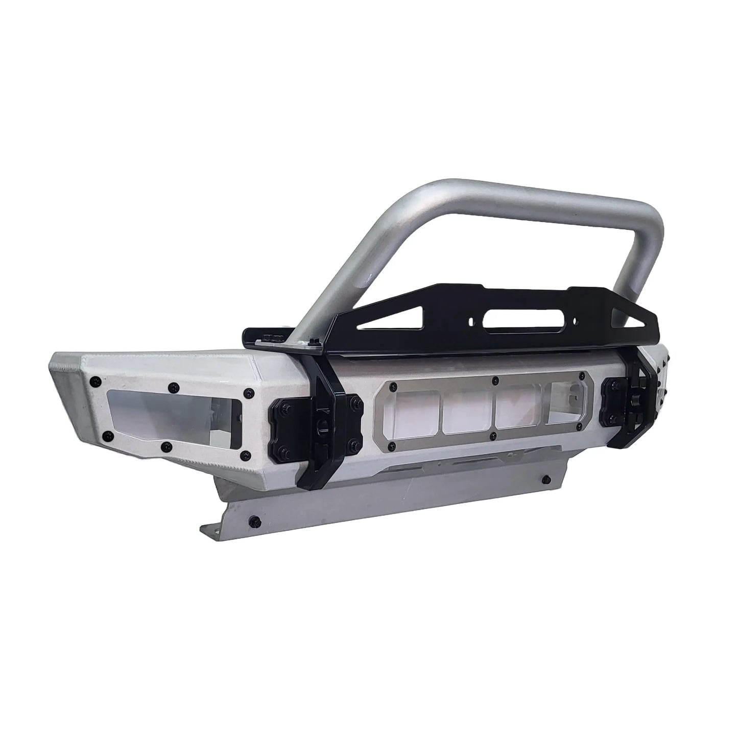 Aluminum Jeep bumper with additional features on a white background