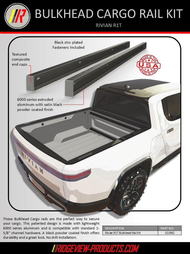 Information flyer for Rivian R1T bulkhead cargo rails.