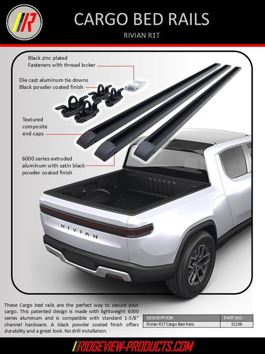 Cargo bed rails for Rivian R1T with product details and branding.