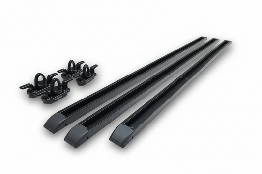 Set of black cargo bed rails with mounting brackets on a white background