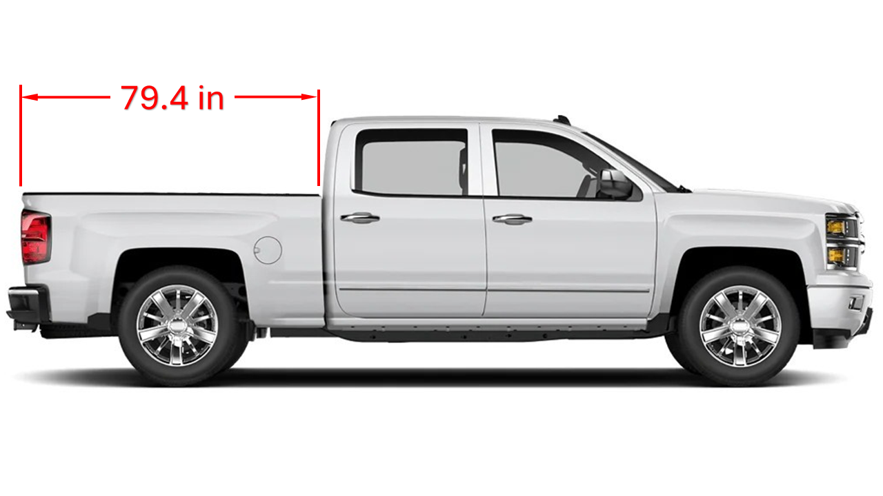 White pickup truck with standard bed dimensions indicated on a white background