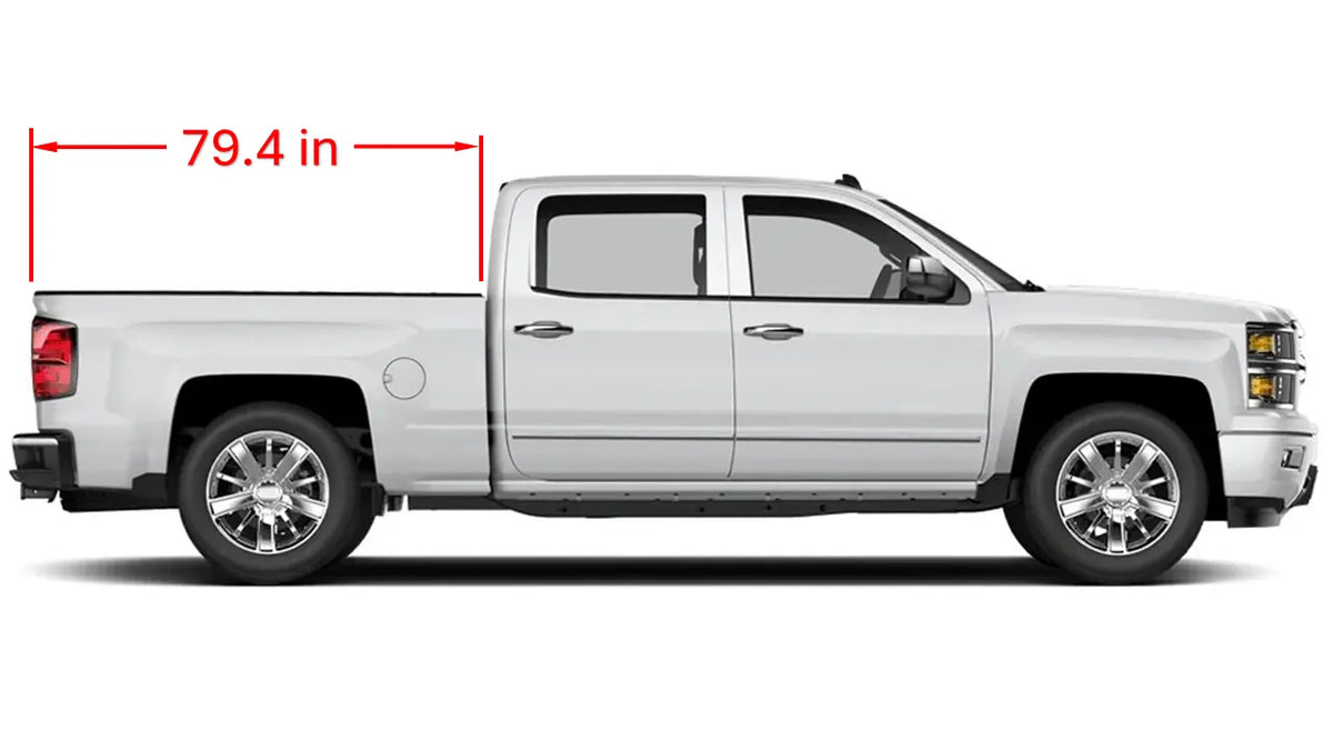 White pickup truck with standard bed dimensions indicated on a white background