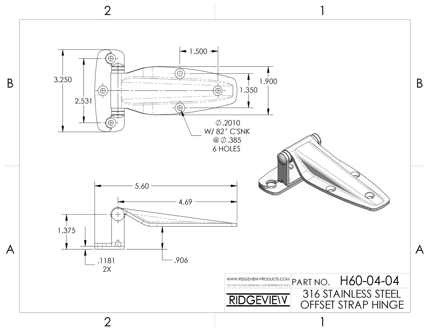Technical drawing of offset strap hinge