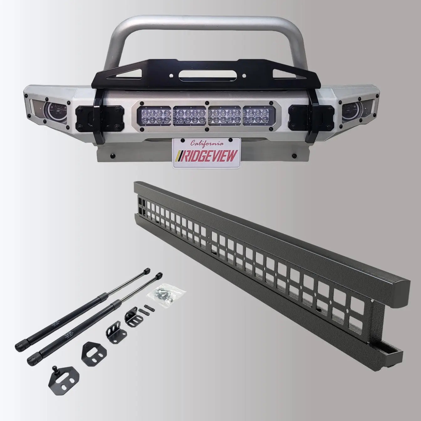A collection of jeep products, front bumper, hood strut kit and bed divider on a gradient background.