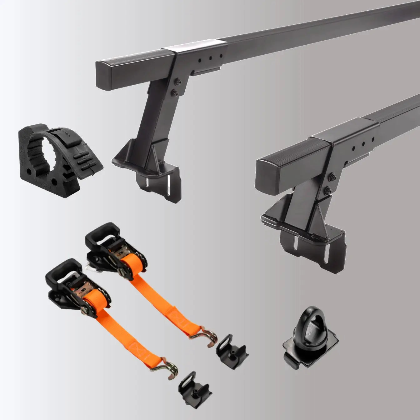 A collection of cargo cross bars components and accessories, ratchet straps and loop tie downs on a gradient background