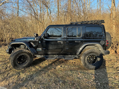 GUTTER MOUNT PLATFORM RACK INSTALLED ON A BLACK JEEP WRANGLER JL