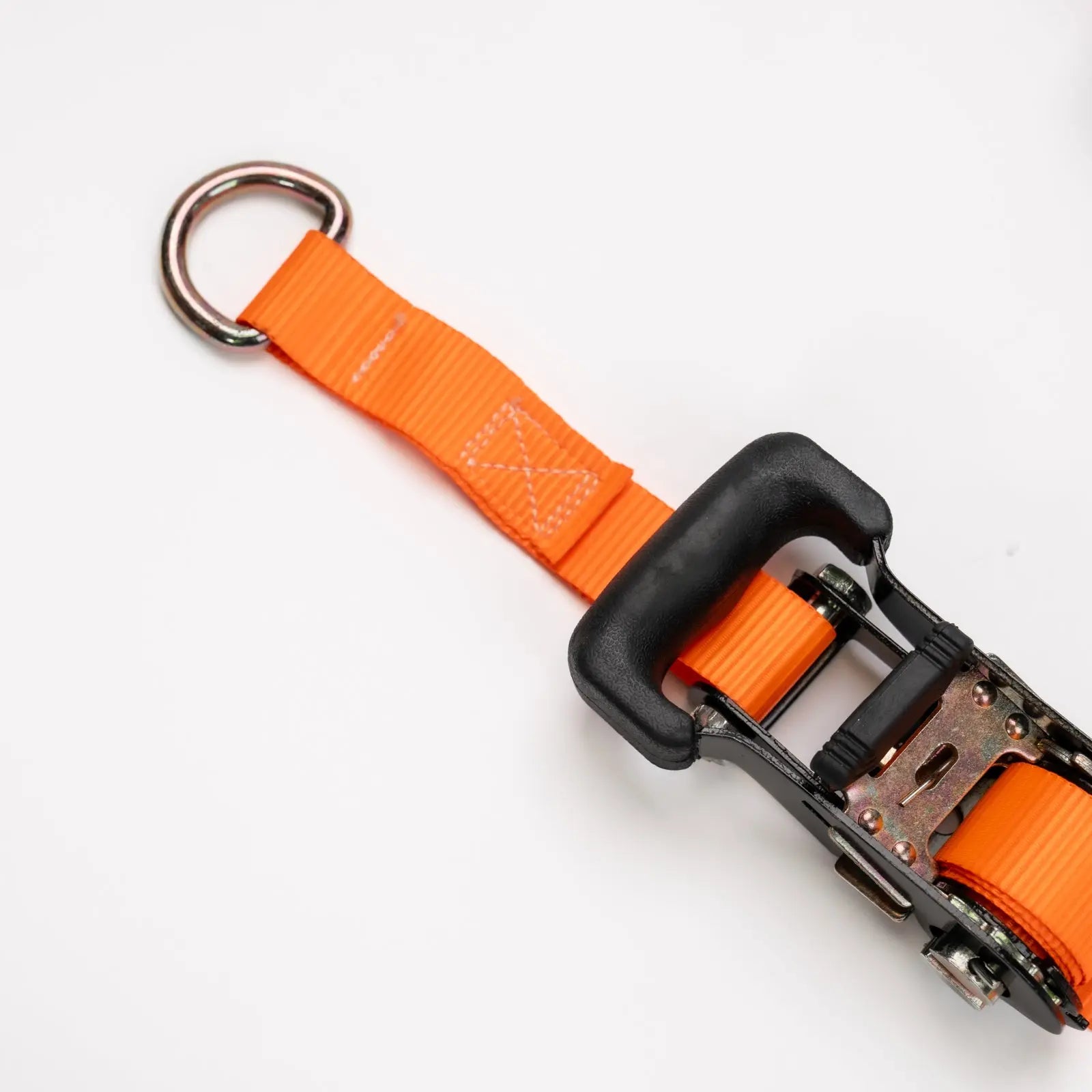 Close up of black ratchet strap with loop end