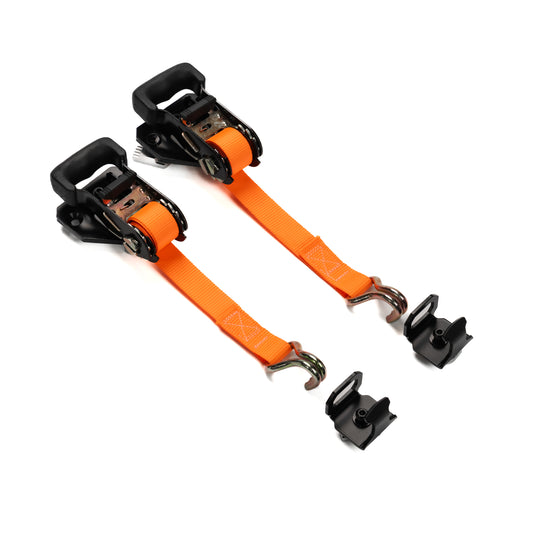 Two orange straps with black plastic buckles on a white background