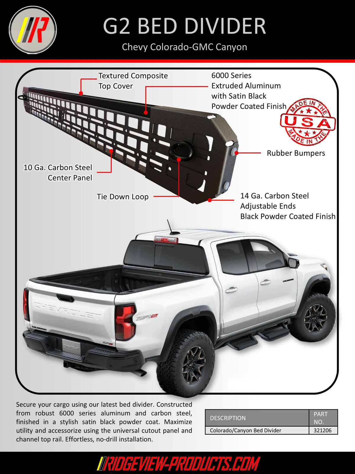 G2 bed divider product diagram for Chevy Colorado and GMC Canyon, showing a labeled exploded view of the black powder-coated aluminum divider with rubber bumpers and a white pickup truck illustration below for scale/context.