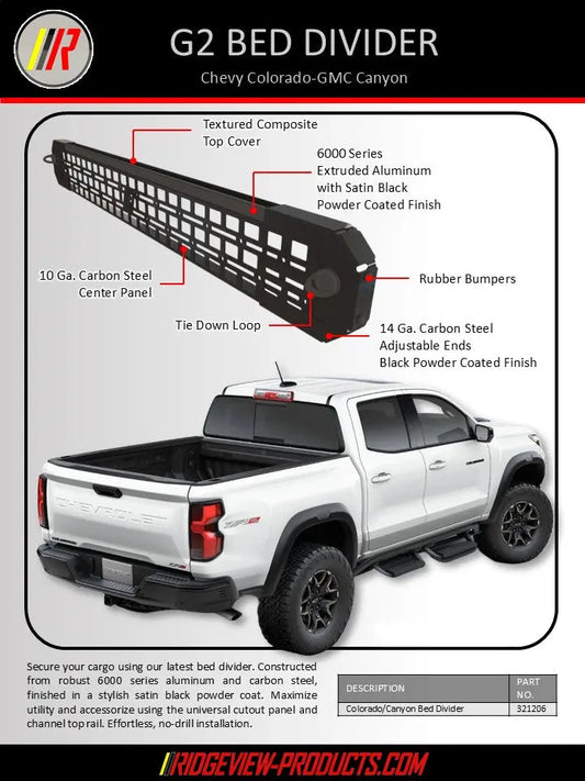 G2 bed divider product diagram for Chevy Colorado and GMC Canyon, showing a labeled exploded view of the black powder-coated aluminum divider with rubber bumpers and a white pickup truck illustration below for scale/context.