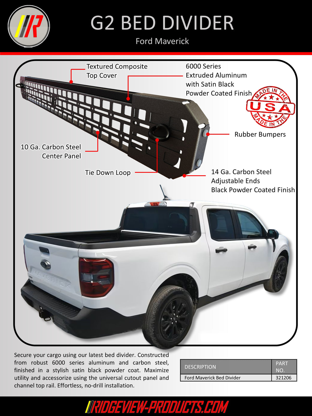 Ford Maverick G2 bed divider product diagram and photo on a white pickup truck, with labeled callouts for the textured composite top cover, extruded aluminum body, 10 Ga. carbon steel center panel, tie down loop, rubber bumpers, and adjustable ends.
