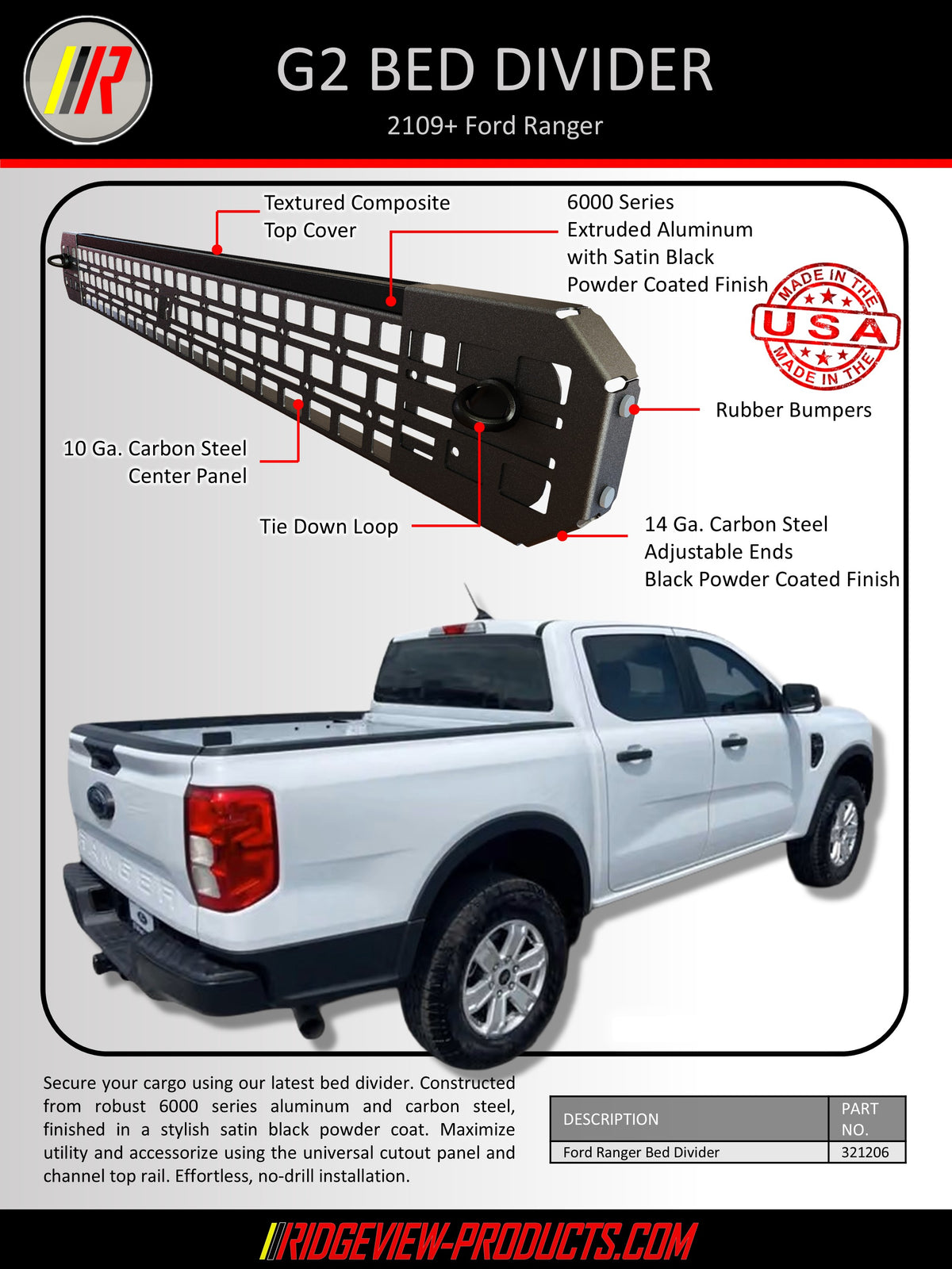 Ford Ranger G2 bed divider product diagram and photo on a white background, showing the black textured composite and aluminum divider panel with labeled callouts and a white pickup truck illustrating use.