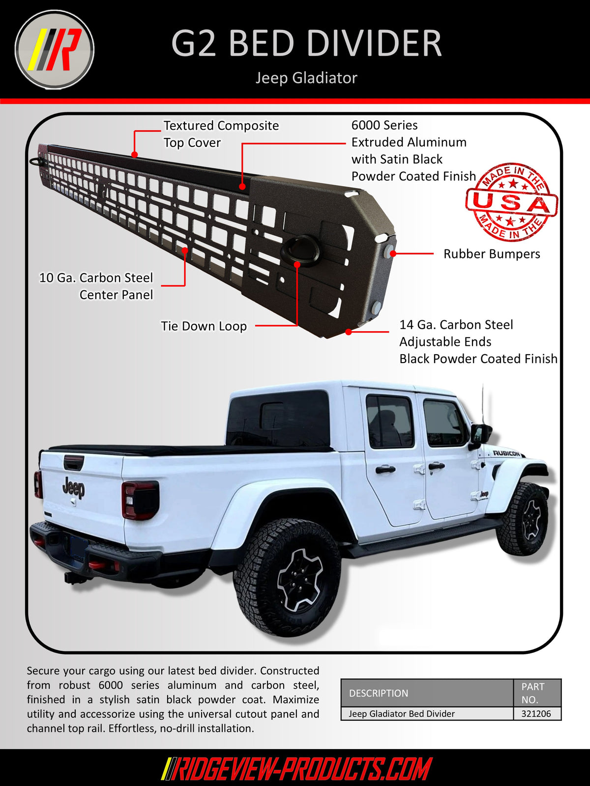 A product diagram and photo of a Jeep Gladiator G2 bed divider. The top half shows a labeled technical schematic of the black bed divider with callouts for the textured composite top cover, 10 ga.