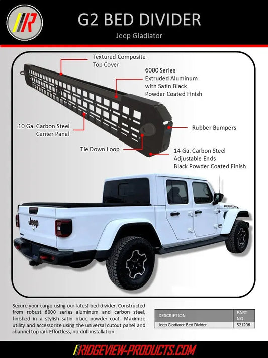 A product diagram and photo of a Jeep Gladiator G2 bed divider. The top half shows a labeled technical schematic of the black bed divider with callouts for the textured composite top cover, 10 ga.