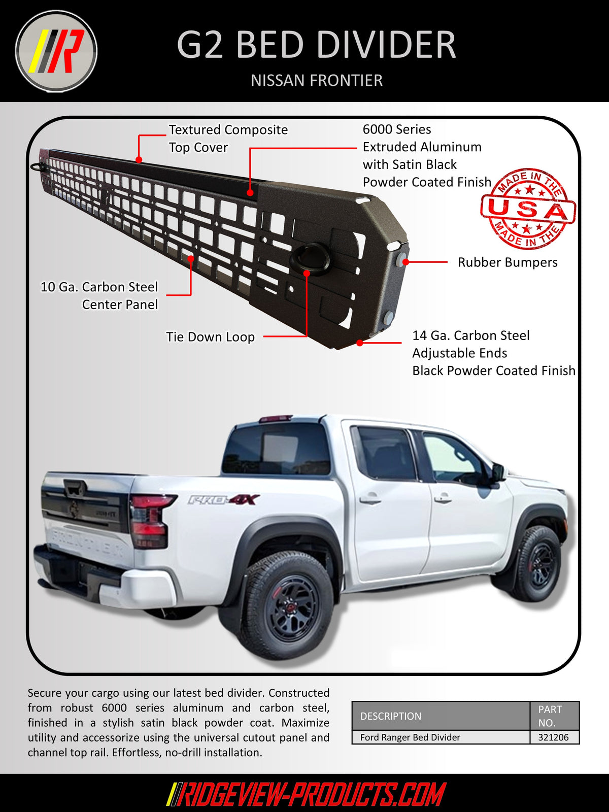 Nissan Frontier G2 bed divider product diagram and installation graphic, showing a black textured composite and aluminum bed divider with labeled parts above a white pickup truck on a light gray background.