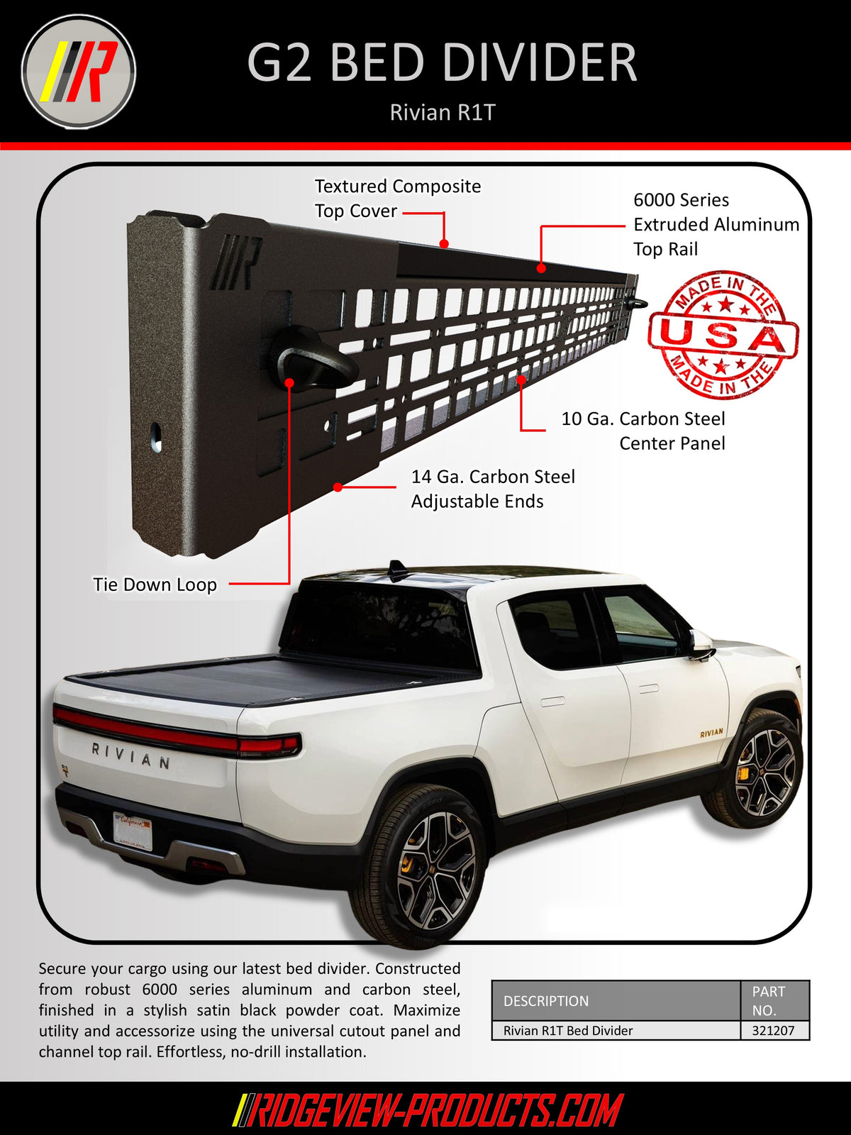 An informational product graphic for a G2 Bed Divider for the Rivian R1T, showing a labeled cutaway view of the black divider above a white pickup truck on a white background with text callouts and a USA made-in-USA badge.