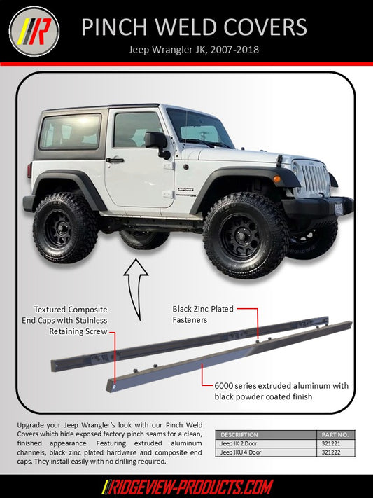 Advertisement for pinch weld covers for Jeep Wrangler JK with product details and branding.