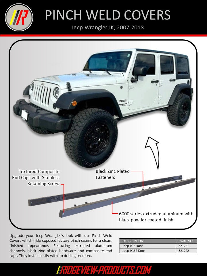 Advertisement for pinch weld covers for Jeep Wrangler JK with product details and branding.