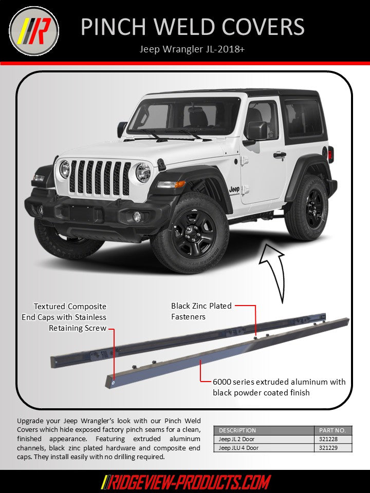 Advertisement for pinch weld covers for Jeep Wrangler JL 2018+ with a white Jeep and product details.