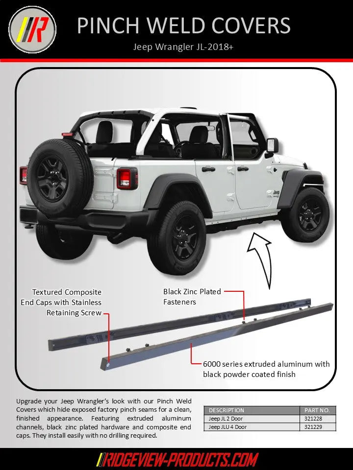 Advertisement for pinch weld covers for Jeep Wrangler JL 2018+ with product details and branding.