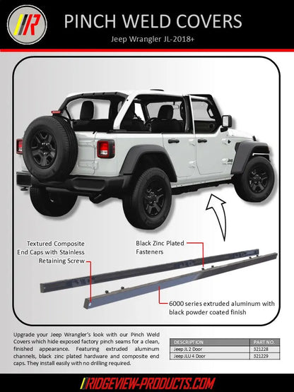 Advertisement for pinch weld covers for Jeep Wrangler JL 2018+ with product details and branding.