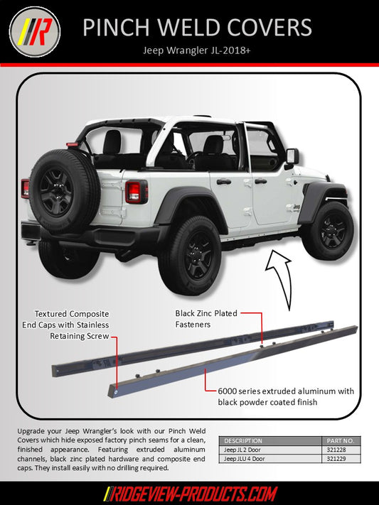 Advertisement for pinch weld covers for Jeep Wrangler JL 2018+ with product details and branding.