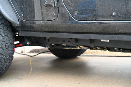 Black Jeep Wrangler JL with pinch weld covers installed, rear close up