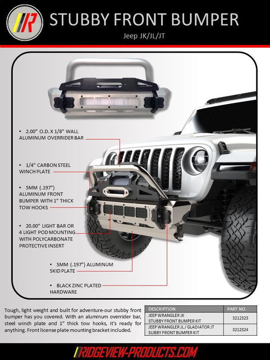 A front stubby bumper kit for Jeep Wrangler JL / Gladiator JT featuring an aluminum overrider bar, steel winch plate, and tow hooks, with a polycarbonate insert light protection and black zinc plated hardware.