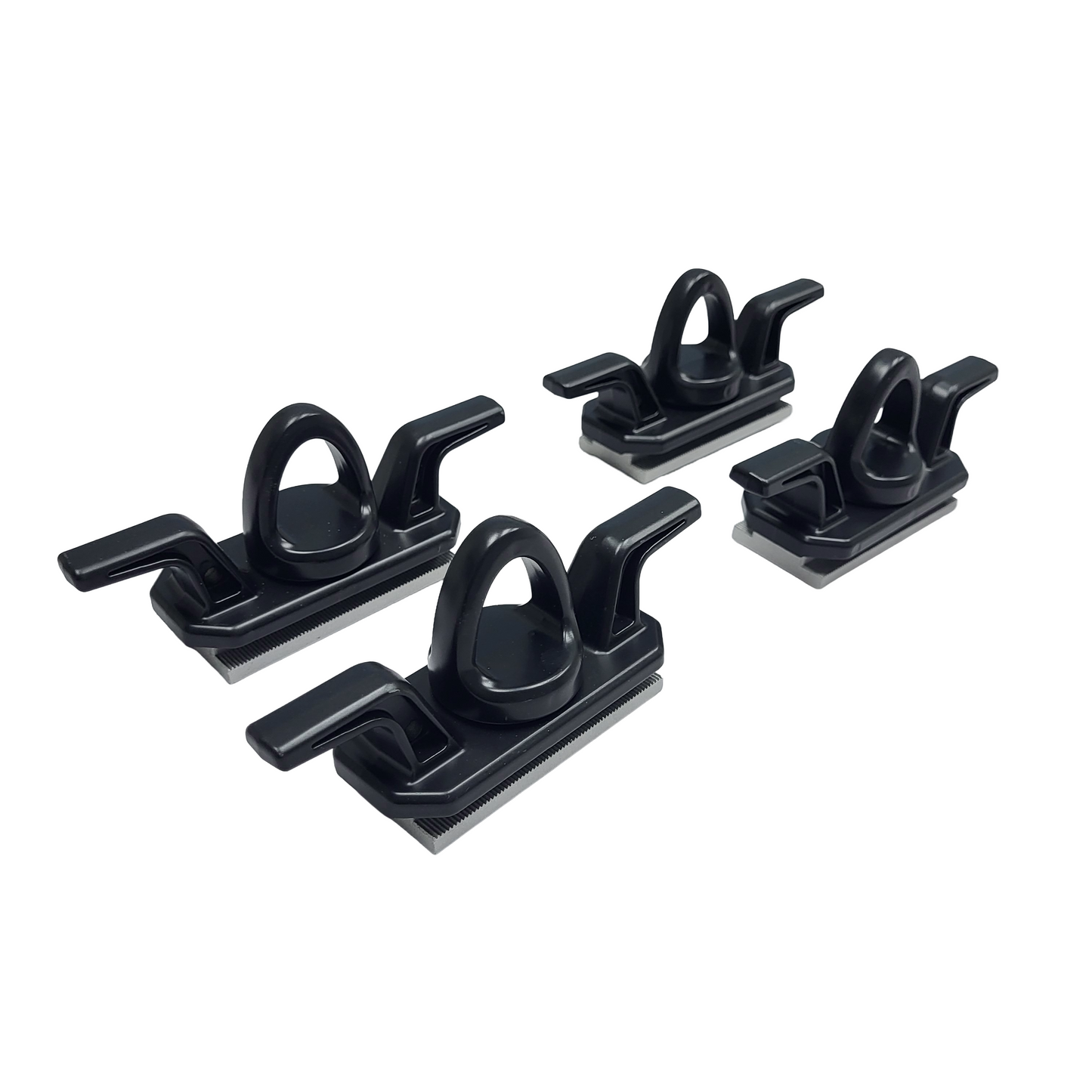 Four black powder coated rail tie downs