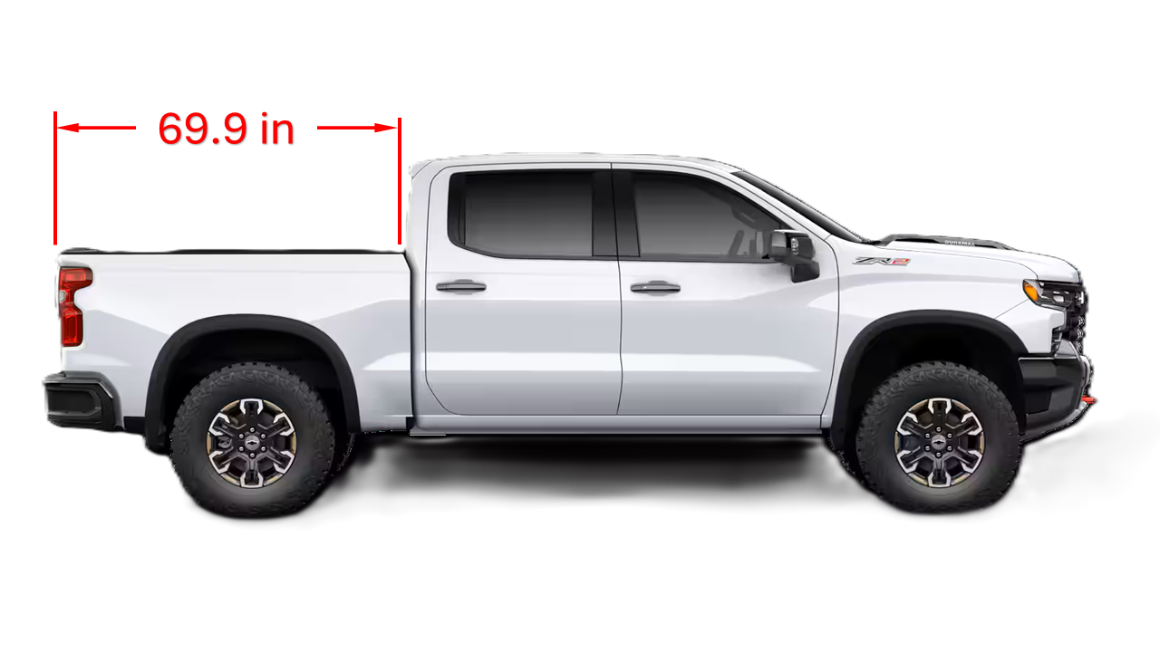 White pickup truck with short bed measurement label on a white background