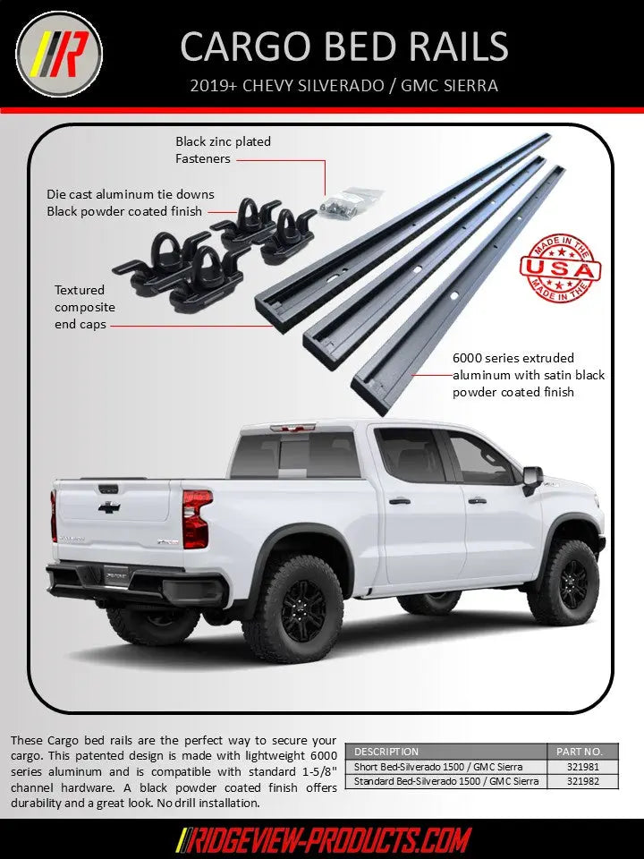 Advertisement for Silverado / Sierra cargo bed rails with a white truck and product details on a black background.