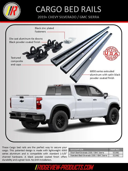 Advertisement for Silverado / Sierra cargo bed rails with a white truck and product details on a black background.