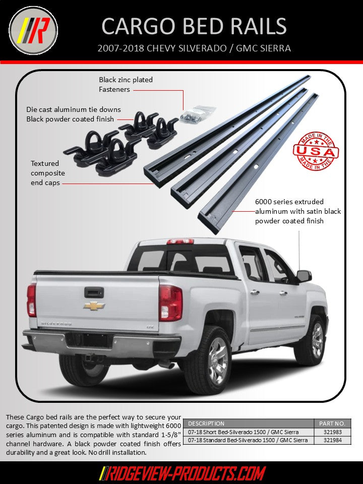 Advertisement for cargo bed rails on a white Chevy Silverado with product details and branding.