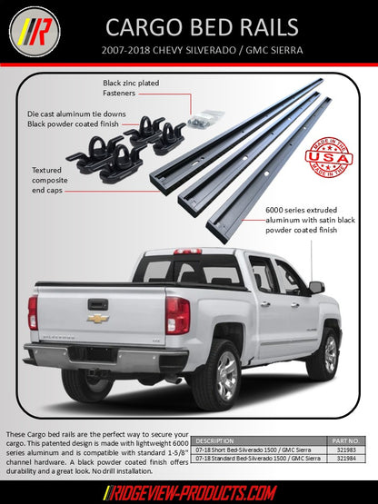 Advertisement for cargo bed rails on a white Chevy Silverado with product details and branding.