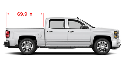 White pickup truck with short bed dimensions indicated on a white background