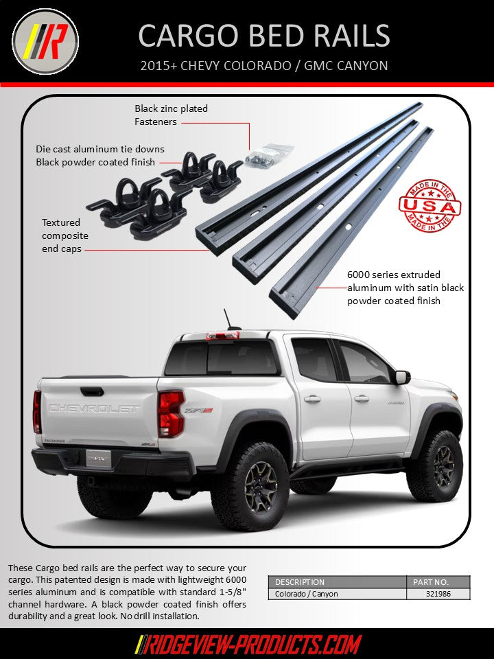 Advertisement for Chevy Colorado / GMC Canyon cargo bed rails with a white truck, highlighting features and specifications.