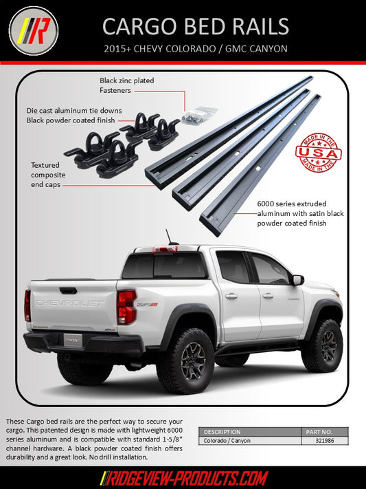 Advertisement for Chevy Colorado / GMC Canyon cargo bed rails with a white truck, highlighting features and specifications.