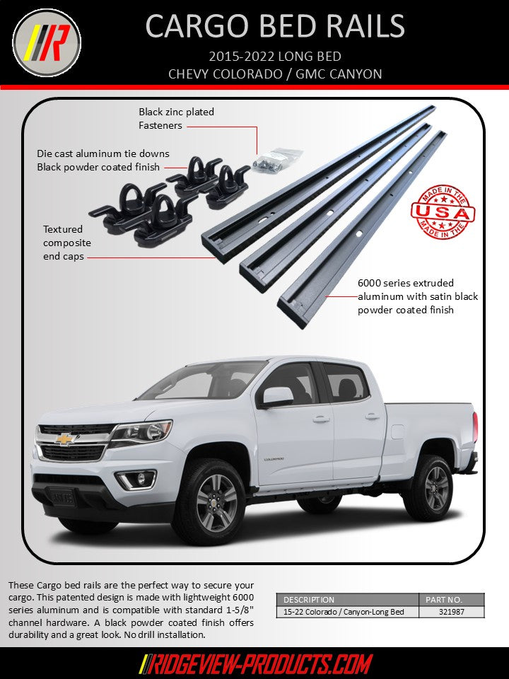 Advertisement for Chevy Colorado / GMC Canyon cargo bed rails with a white truck, highlighting features and specifications.