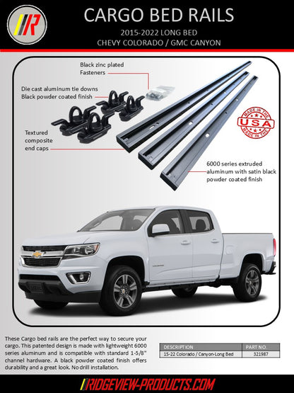 Advertisement for Chevy Colorado / GMC Canyon cargo bed rails with a white truck, highlighting features and specifications.