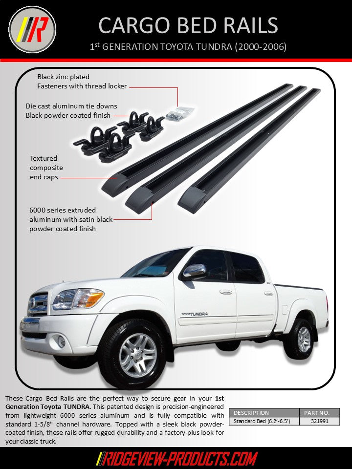 Cargo bed rails for a 1st Generation Toyota Tundra, shown with labeled callouts of the rails and hardware, plus a white pickup truck illustration on a light gray background.