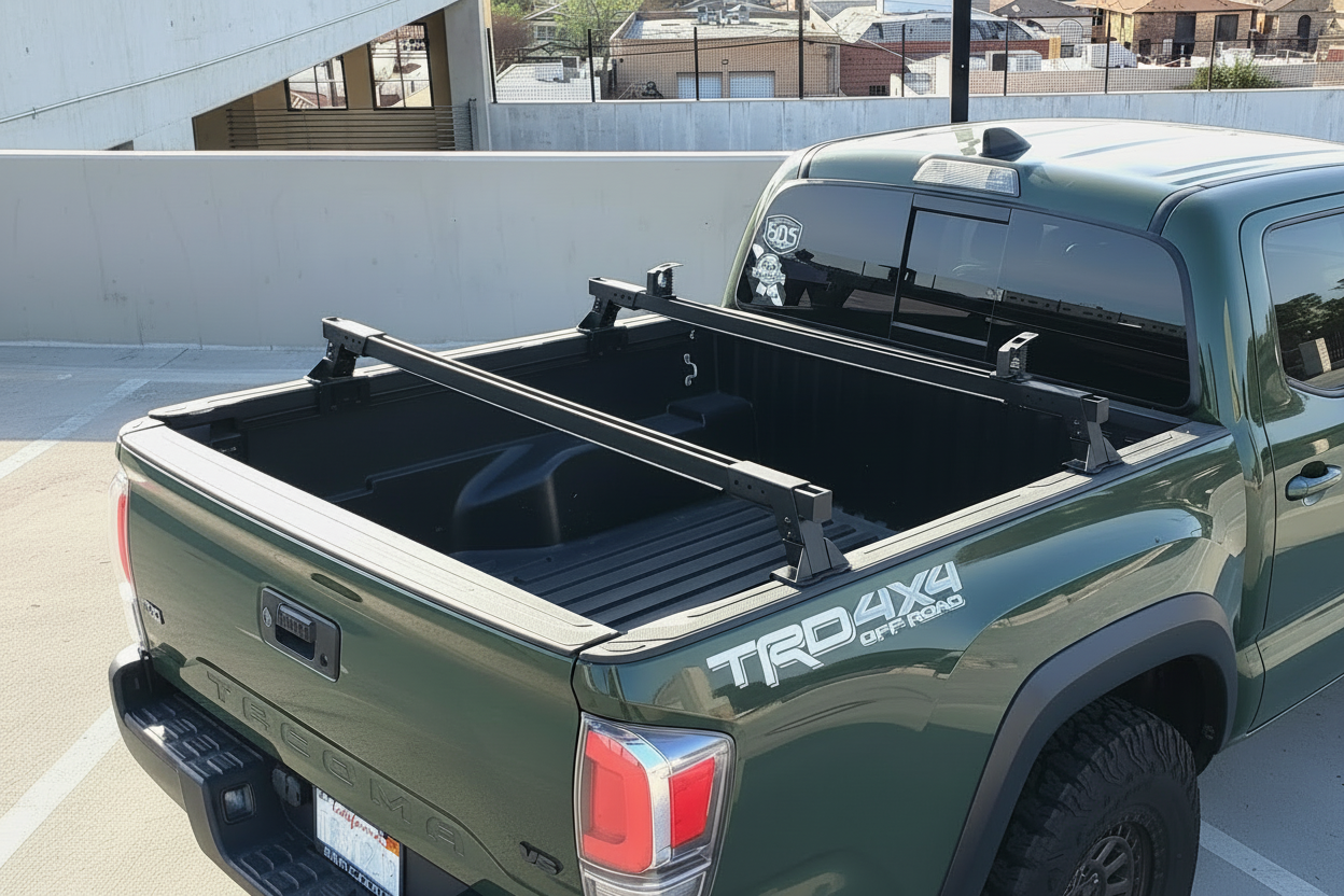 Truck bed with bed rack system on a vehicle in an urban setting