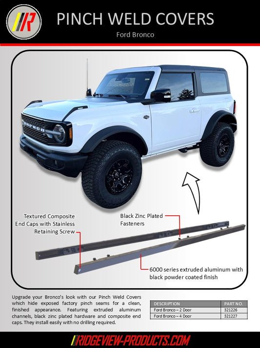 2 door Ford Bronco with pinch weld covers and product details on a gray background