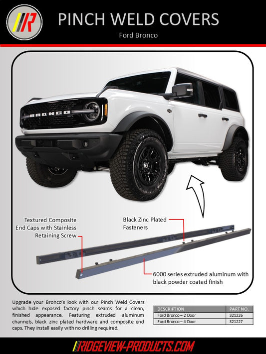 Ford Bronco with pinch weld covers and product details on a white background