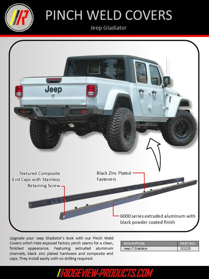 Advertisement for Jeep Gladiator pinch weld covers with product details and branding.