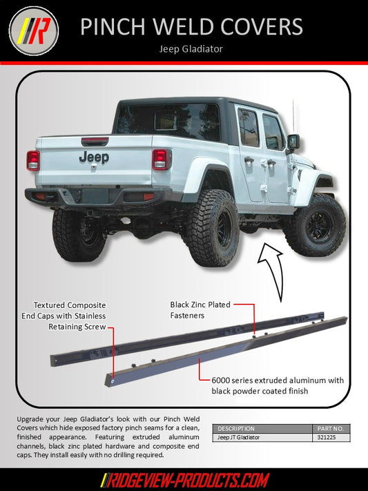 Advertisement for Jeep Gladiator pinch weld covers with product details and branding.