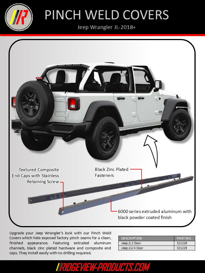 Advertisement for pinch weld covers for Jeep Wrangler JL 2018+ with product details and branding.