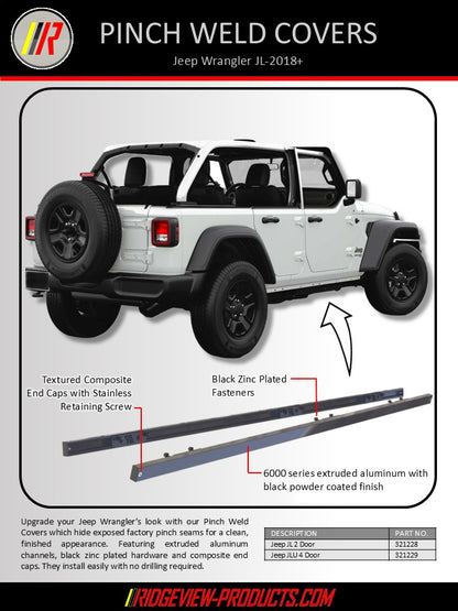 Advertisement for pinch weld covers for Jeep Wrangler JL 2018+ with product details and branding.