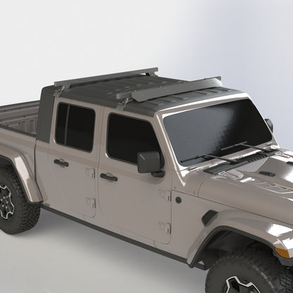 Jeep gutter mount cross bars installed with wind deflector