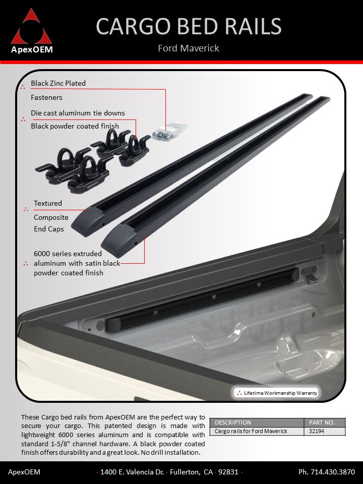 Ford Maverick bed rails information flyer. Ford Maverick Accessories.